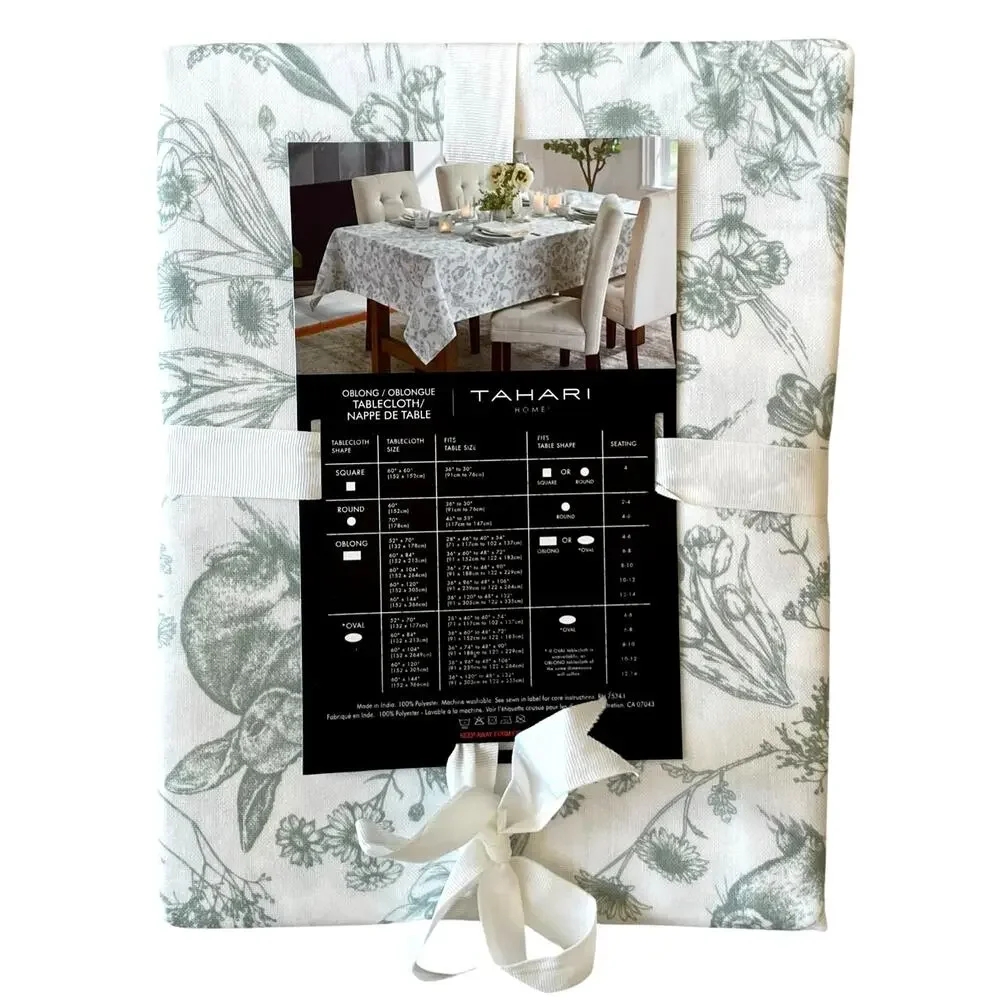 Tahari Floral Bunny Tablecloth 60x120 Sage Green & White Easter Decor NEW